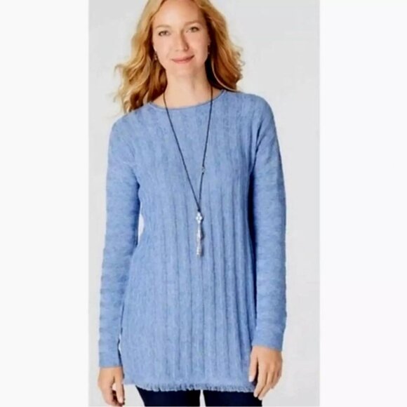 J Jill Knit Tunic Fringe Hem Faux Button Back Marled Sweater Azure Blue Size M - Picture 1 of 10